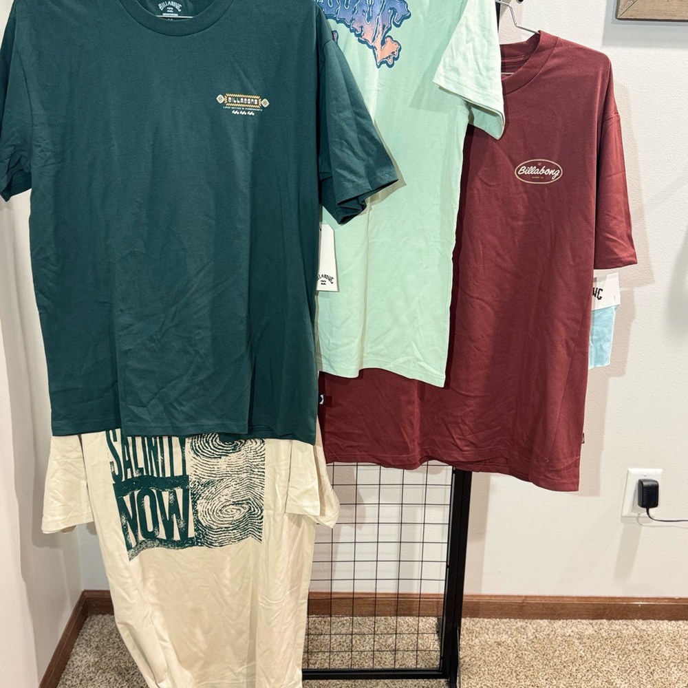 Billabong Tees in Green, Cream, and Red